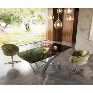 Hranatý jedálenský stôl oválny 200x100 dymové čierne sklo 3D dizajn vyobraziť