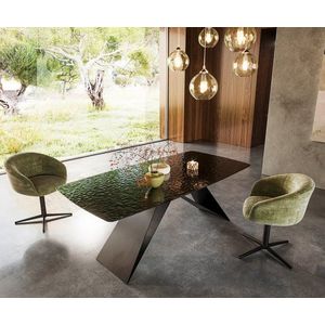 Hranatý jedálenský stôl oválny 200x100 z dymovo čierneho skla s 3D vyobraziť