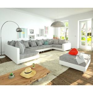 Pohovka v tvare U Clovis XL biela svetlosivá taburetka s podrúčkou vyobraziť