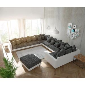 Pohovka v tvare U Clovis XXL biela čierna s taburetkou a podrúčkou vyobraziť