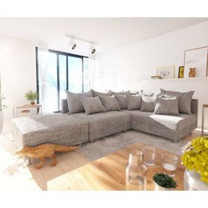 Rohová pohovka Clovis svetlosivá štruktúrovaná látka taburet ležadlo vyobraziť