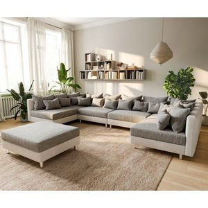 Pohovka v tvare U Clovis XL biela svetlosivá modulárna s taburetkou vyobraziť