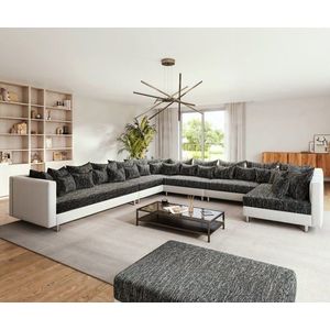 Pohovka v tvare U Clovis XXL biela čierna s taburetkou lenivá pohovka vyobraziť