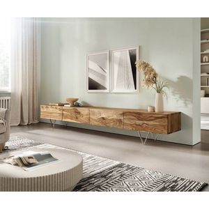 TV stolík Wyatt 220 cm prírodný sheesham 4 zásuvky v-noha nerezová vyobraziť