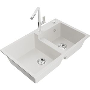 MEXEN/S MEXEN/S - Tomas granitový drez 2-bowl vrátane batérie Flora, biela 6516-20-670401-02 vyobraziť