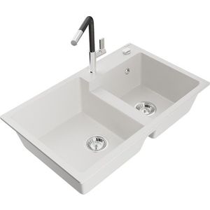 MEXEN/S MEXEN/S - Tomas granitový drez 2-bowl vrátane batérie Flora, biela 6516-20-670401-07 vyobraziť