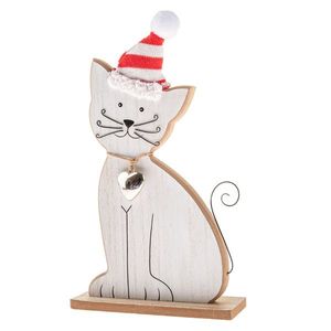 Drevená mačka s rolničkou a pletenou čiapkou, 29 cm vyobraziť