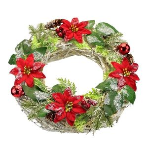 Vianočný ozdobený veniec Poinsettia a prútie, 30 cm vyobraziť