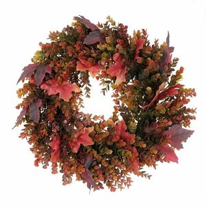 Jesenný veniec umelý Eucalyptus a javorové listy, pr. 40 cm, červeno-zelená vyobraziť
