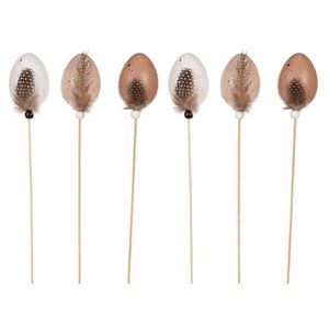 Veľkonočné umelé vajíčka na zápichu s pierkom hnedá, 6 ks​ vyobraziť