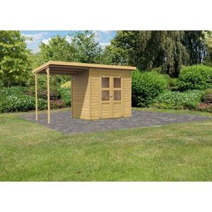 Drevený záhradný domček 390 x 175 cm s prístavkom Dekorhome vyobraziť