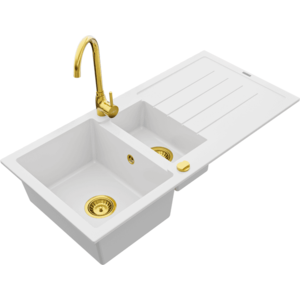 Granitový drez s kuchynskou batériou MEXEN ANDRES biely/zlatý vyobraziť