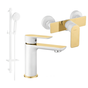 Sada batérií MEXEN ALFA XVI - umývadlová batéria + sprchová batéria so sprchou biela/zlatá vyobraziť
