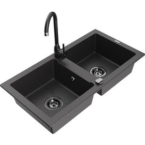MEXEN/S MEXEN/S - Mario granitový drez 2-bowl vrátane batérie Telma, čierna kropenatá 6504-76-670200-70-B vyobraziť