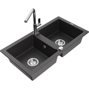 MEXEN/S MEXEN/S - Mario granitový drez 2-bowl vrátane batérie Flora, čierna kropenatá 6504-76-670401-00 vyobraziť