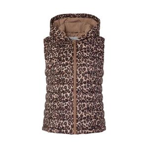 Prešívaná vesta s kapucňou, béžová s hnedo-čiernou celoplošnou leoparďou potlačou vyobraziť